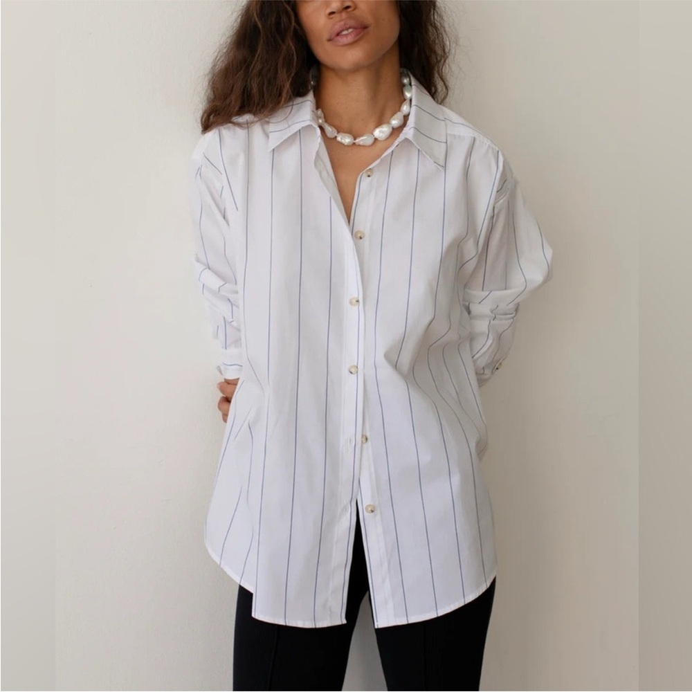 DONNI The Pop Shirt - Navy Pinstripe - Picture 2 of 6